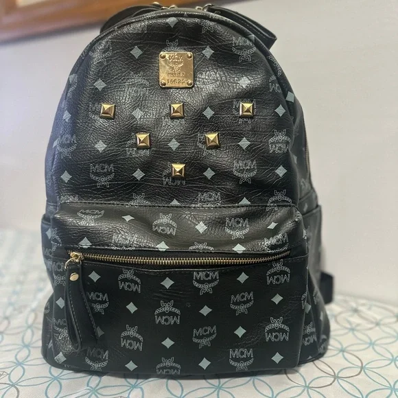 MCM Black and Gold Monogram Backpack Vintage MCM Black Backpack With Golden Studded Logo Motifs  main image 2